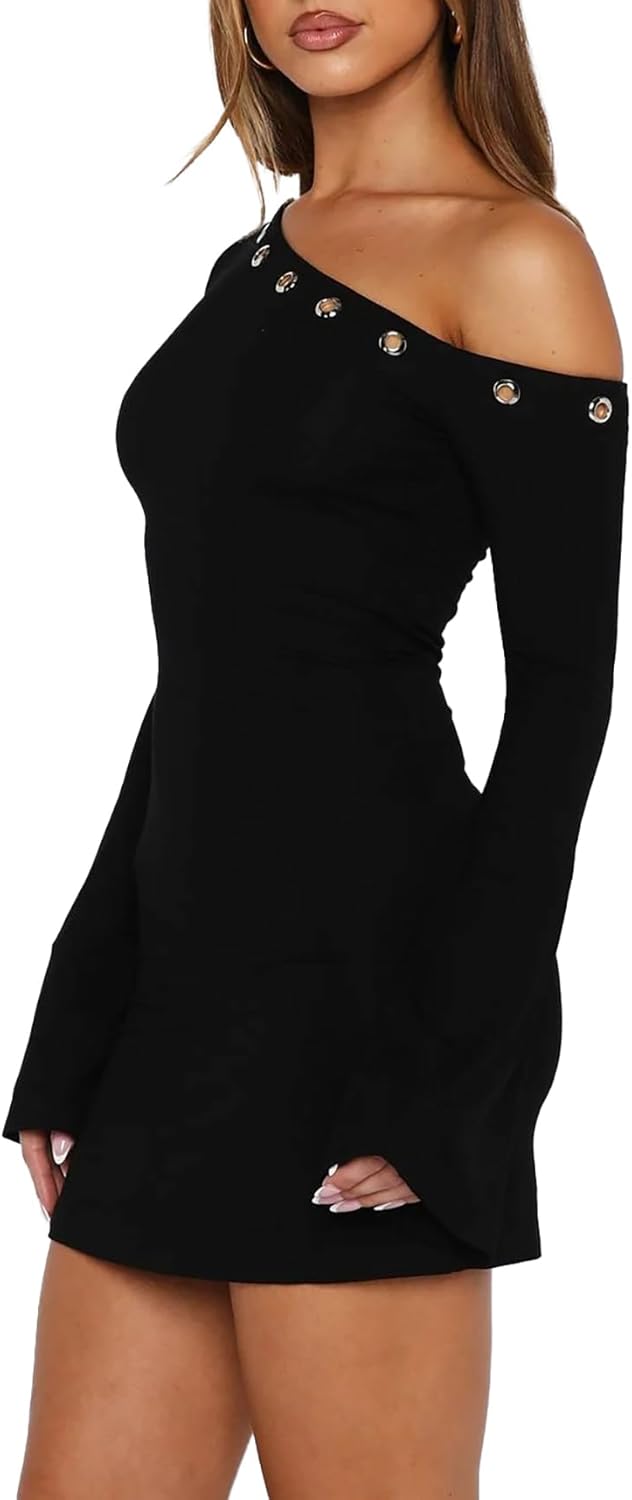Women's Autumn Mini Dress: Off-Shoulder with Long Flared Sleeves — Silver Metal Eyelet Detail at Neckline — Bodycon Party & Nightclub Dress - Image 2