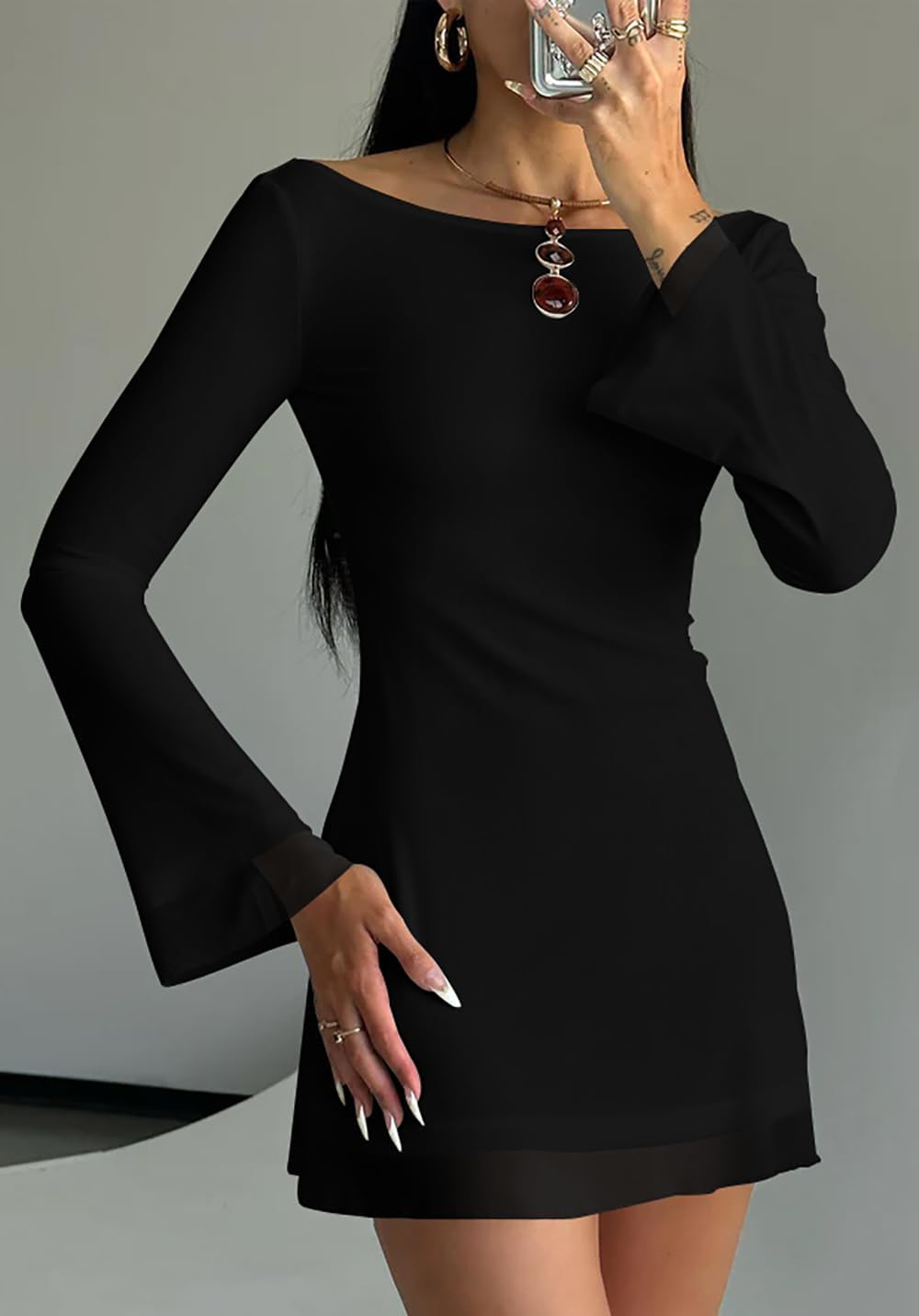 Women's Sexy Long-Sleeve Flared-Cuff Dress — Off-the-Shoulder (Bardot) Neckline with A-Line Silhouette; Suitable for Cocktail Parties and Events - Image 2