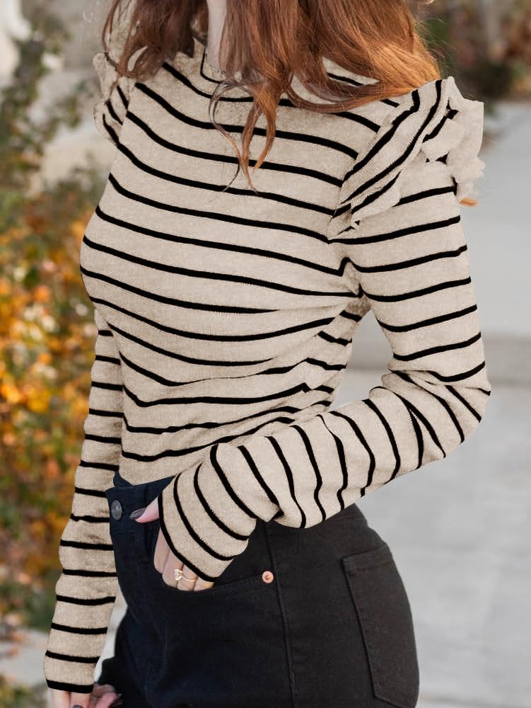 Women's Long Sleeve Ruffle Shirts Striped Rib Knit Blouse Slim Casual Office Trendy Fall Spring Tops 2026 - Image 2
