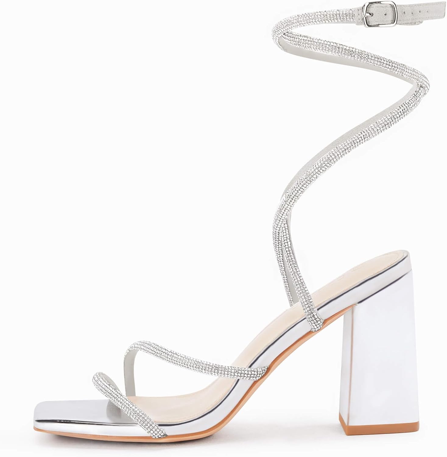 Women's Lace-Up Chunky Heel Rhinestone Sandals, Square Toe Open-Toe High Heels, Chunky Heels for Weddings - Image 2