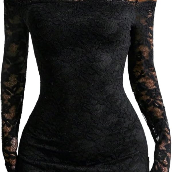 Women's Lace Long-Sleeve Mini Dress — Y2K Style; Sexy Off-the-Shoulder Bodycon Dress for Autumn, Ideal for Clubbing and Birthday Parties