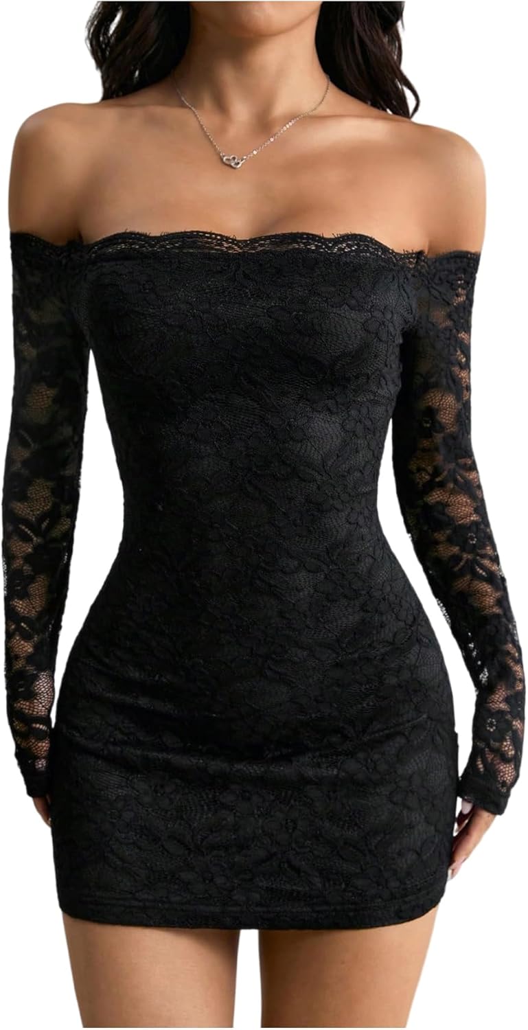 Women's Lace Long-Sleeve Mini Dress — Y2K Style; Sexy Off-the-Shoulder Bodycon Dress for Autumn, Ideal for Clubbing and Birthday Parties