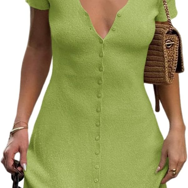 Women's Short-Sleeve Mini Dress — Deep V-Neck Button-Front Knit Style; Summer Ribbed-Knit A-Line Dress with Flared Sleeves