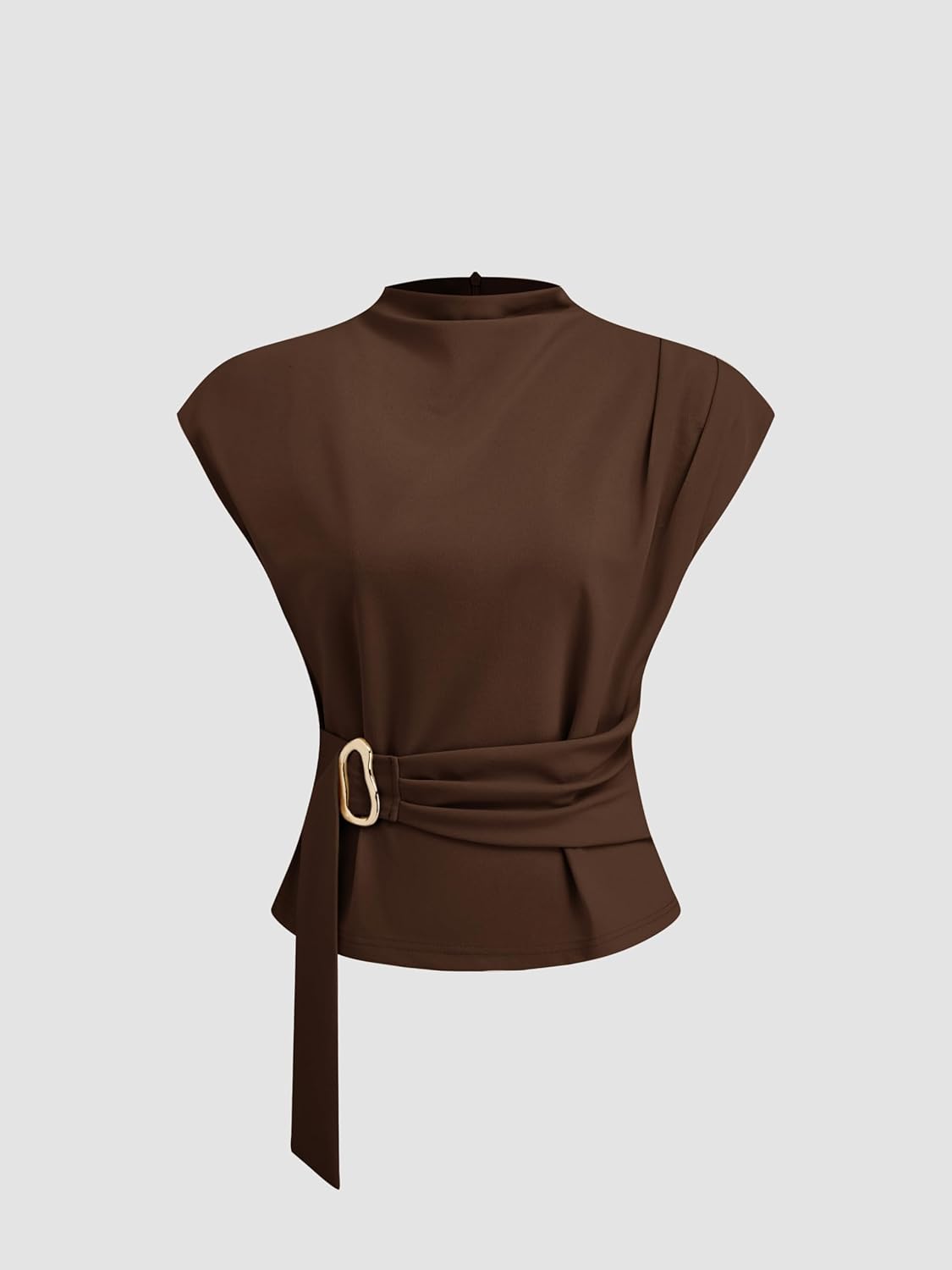 Women Tops Blouses Stand Neck Belted Short Sleeve Business T-Shirts - Image 2