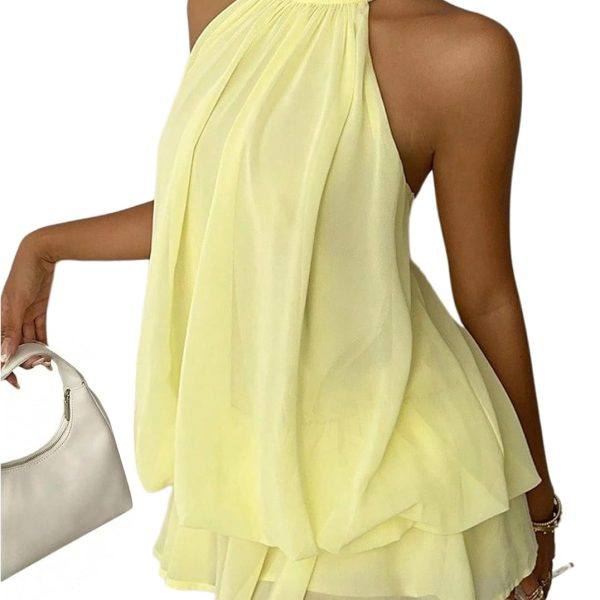 Women's Chiffon Halter-Neck Dress with Low Waistline — Ideal as a Wedding Guest Outfit; Ruffled Summer Mini Dress, Perfect for Brunch Gatherings