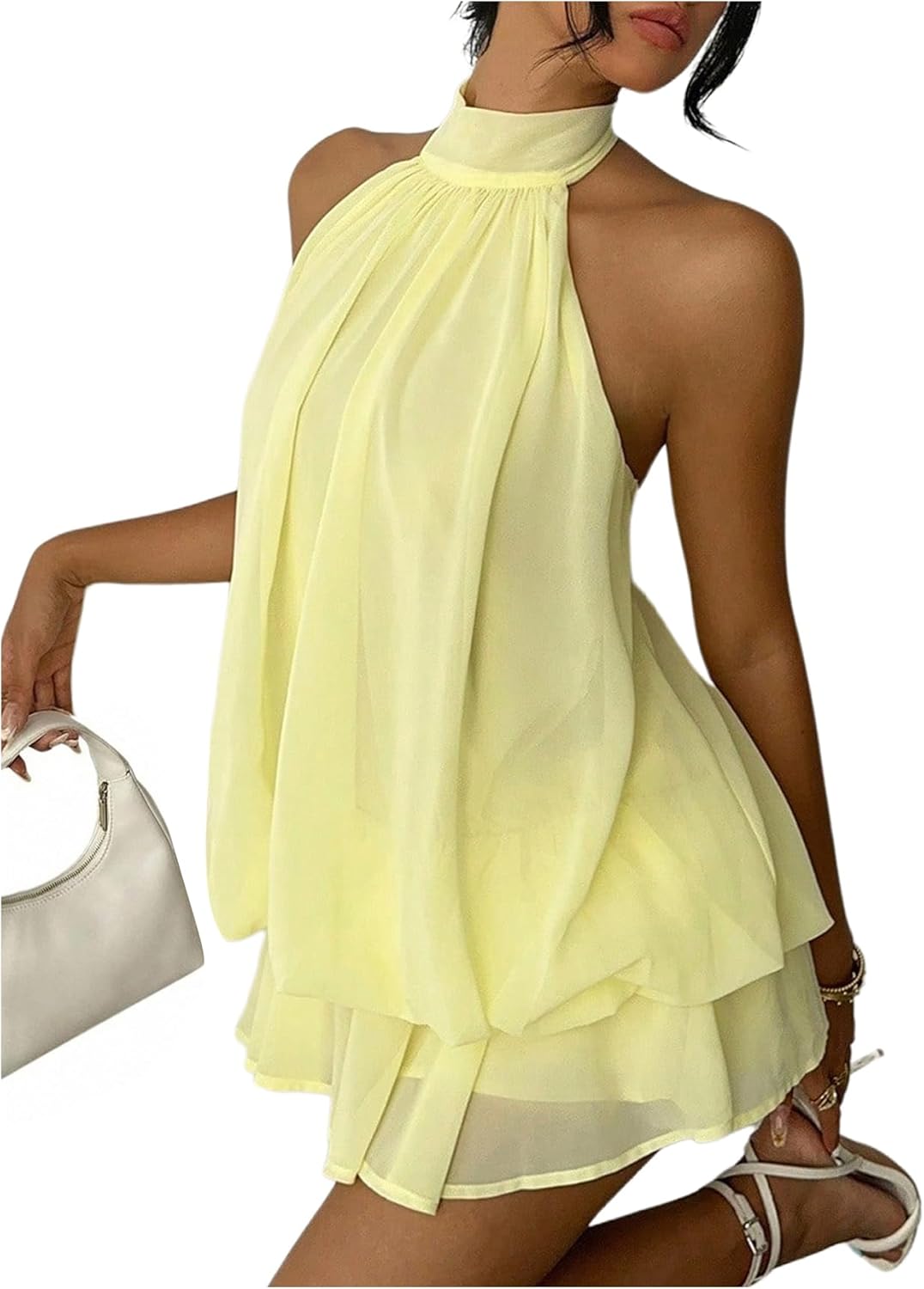 Women's Chiffon Halter-Neck Dress with Low Waistline — Ideal as a Wedding Guest Outfit; Ruffled Summer Mini Dress, Perfect for Brunch Gatherings