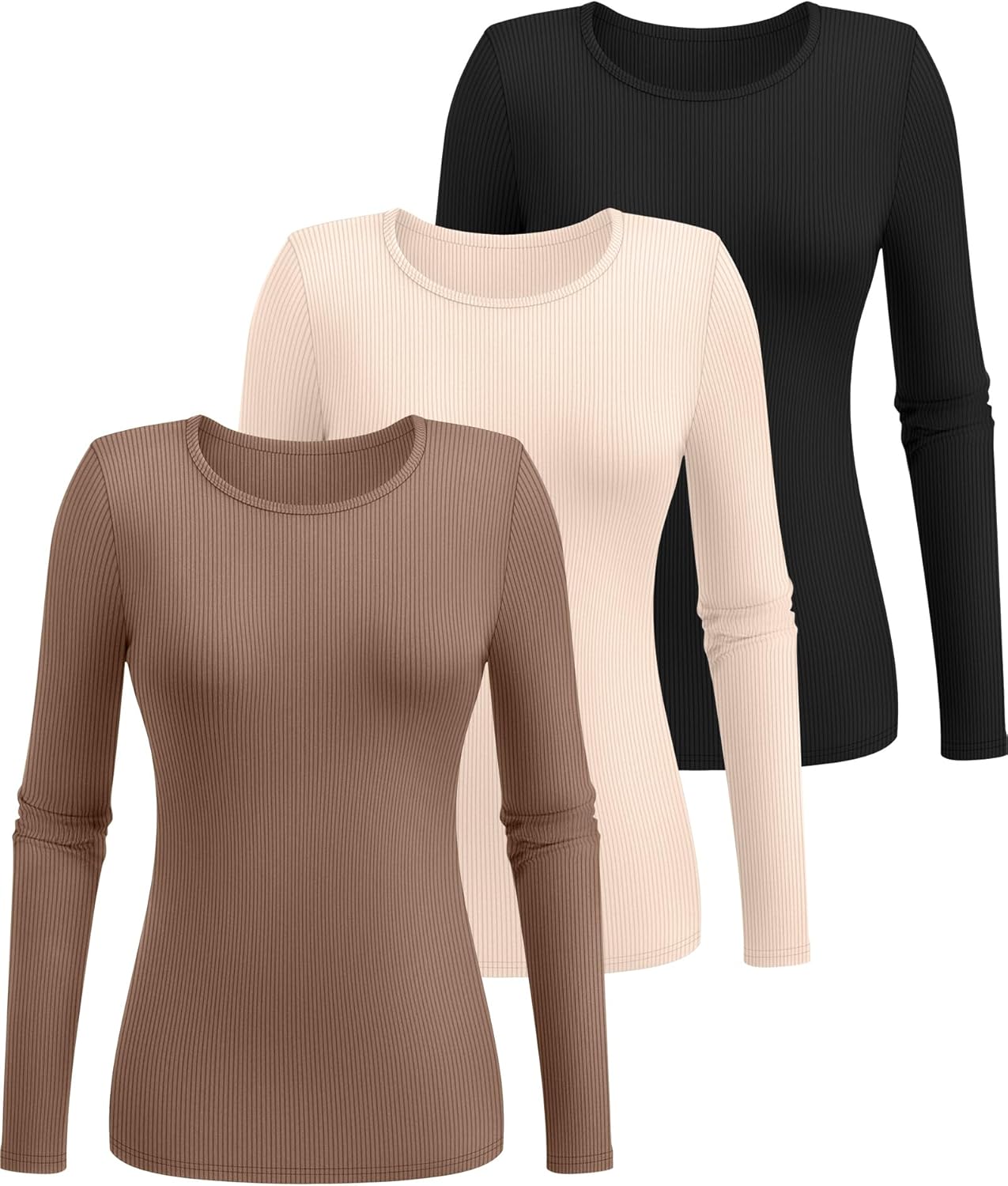 3 Pack Women's Ribbed Long Sleeve Tops, Crew Neck Slim Fit Undershirts Knit Basic Casual Stretch Layering Tee Shirts - Image 2