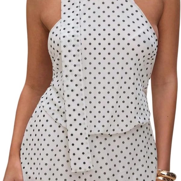 Women's Polka Dot Mini Dress: Backless, Sleeveless, Halter-Neck A-Line Silhouette — Summer Party Attire