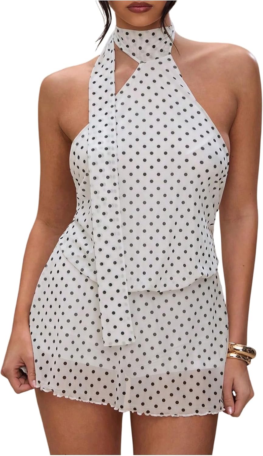 Women's Polka Dot Mini Dress: Backless, Sleeveless, Halter-Neck A-Line Silhouette — Summer Party Attire