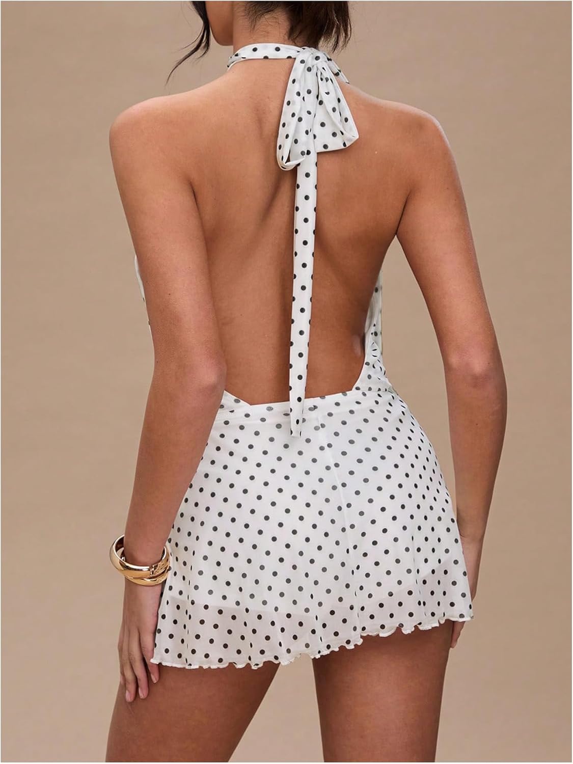 Women's Polka Dot Mini Dress: Backless, Sleeveless, Halter-Neck A-Line Silhouette — Summer Party Attire - Image 2