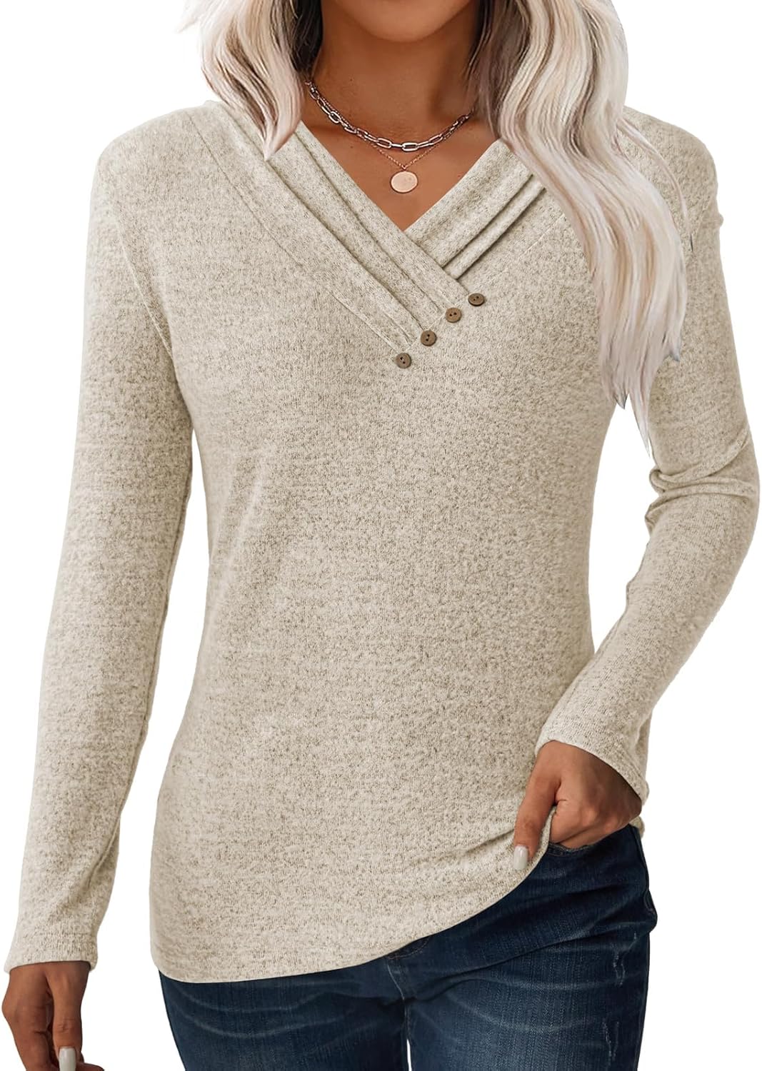 Women Long Sleeve Tunic Tops for Leggings V Neck Button Loose T Shirts 2026 Fall Dressy Casual Blouse Sweatshirt Sweater