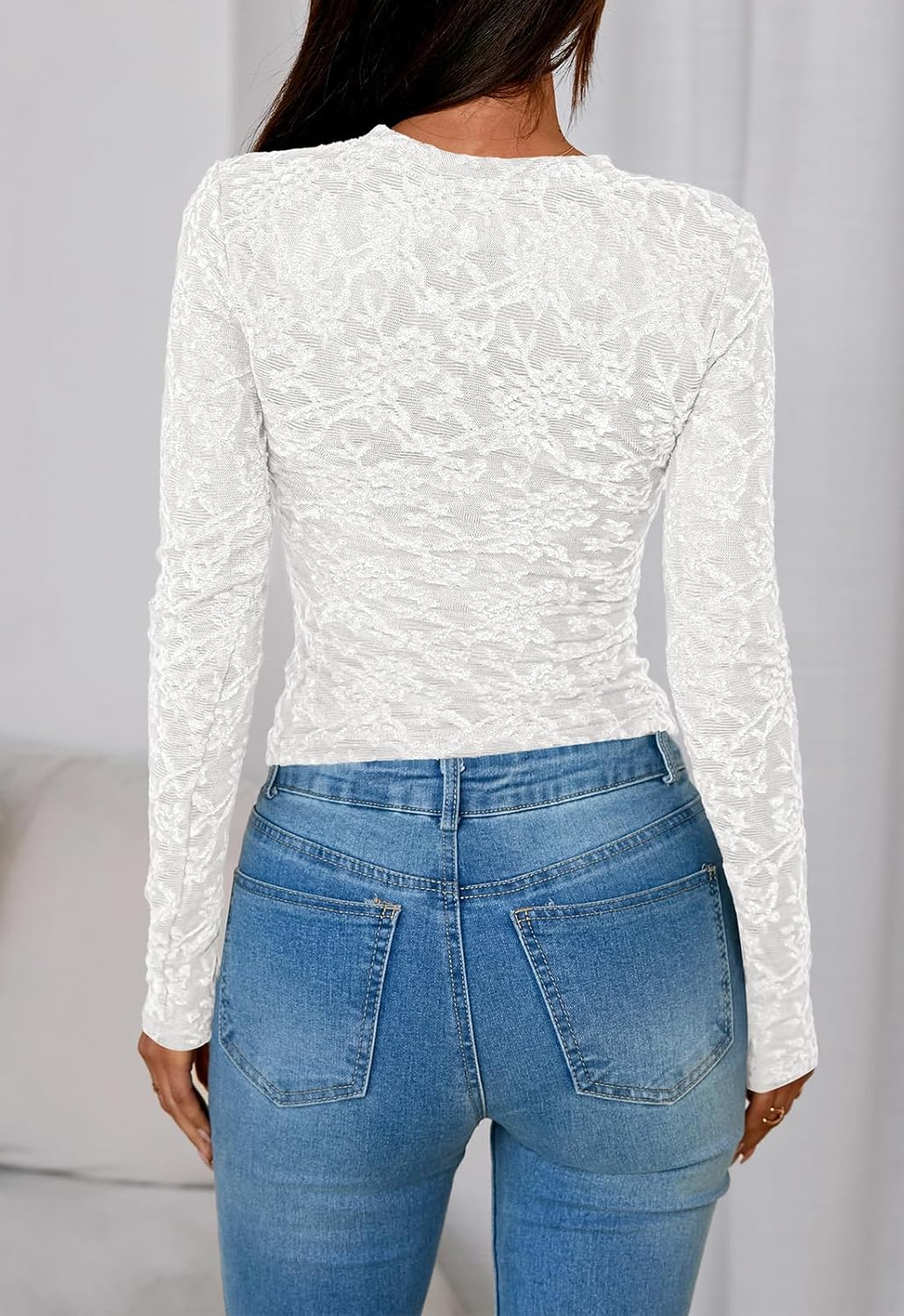 Women's 2026 Fall Long Sleeve Lace T Shirts Crewneck Silm Fit Embroidered Fashion Mesh Tops Shirts - Image 2