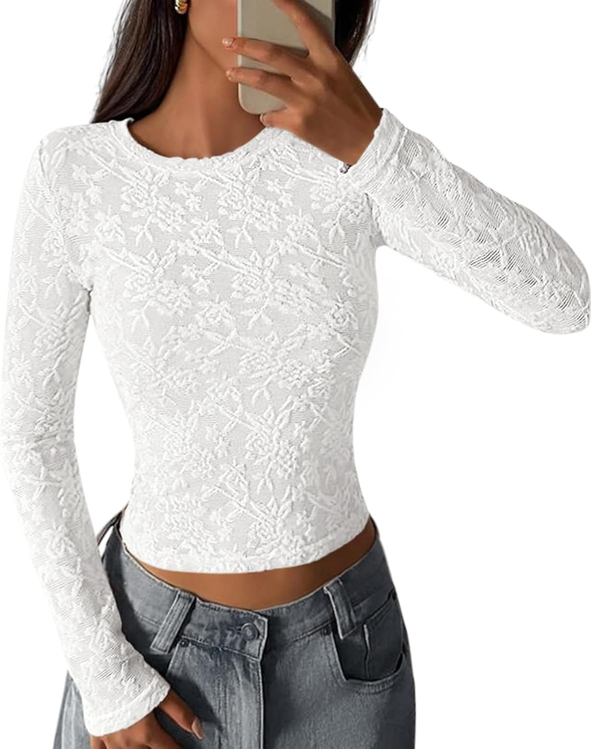 Women's 2026 Fall Long Sleeve Lace T Shirts Crewneck Silm Fit Embroidered Fashion Mesh Tops Shirts