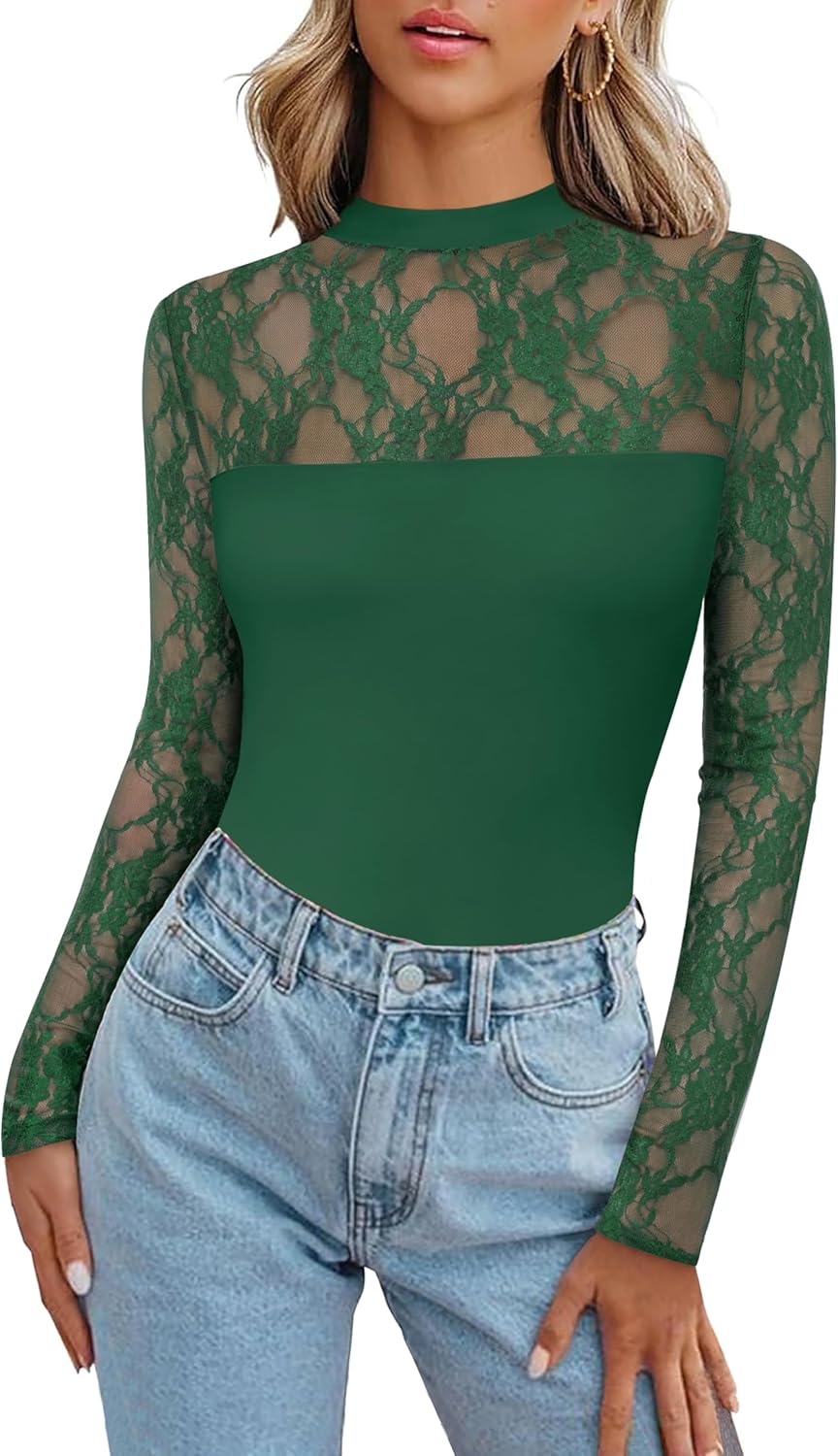 Long Sleeve Shirts for Women's Lace Tops Mesh Sheer Crew Neck Shirts Sexy Fall Going Out Blouse